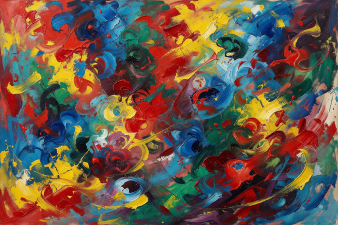 Close view of a colourful painting with expressive brushwork and layered surface texture.