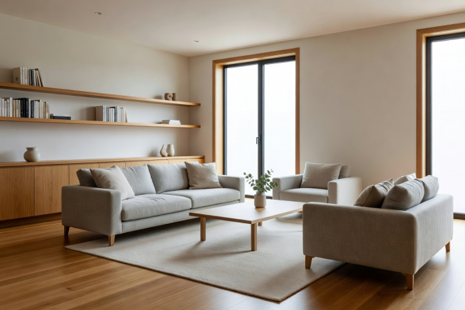 Contemporary living space combining warm wood tones, neutral furniture and natural light.