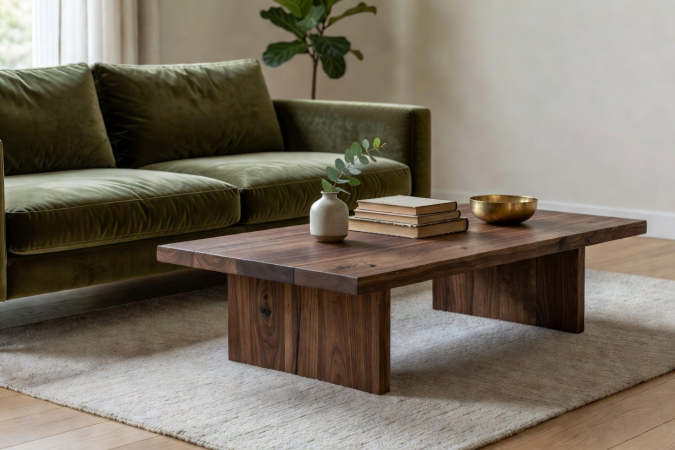 Green upholstered sofa paired with a wooden coffee table and understated decorative objects.