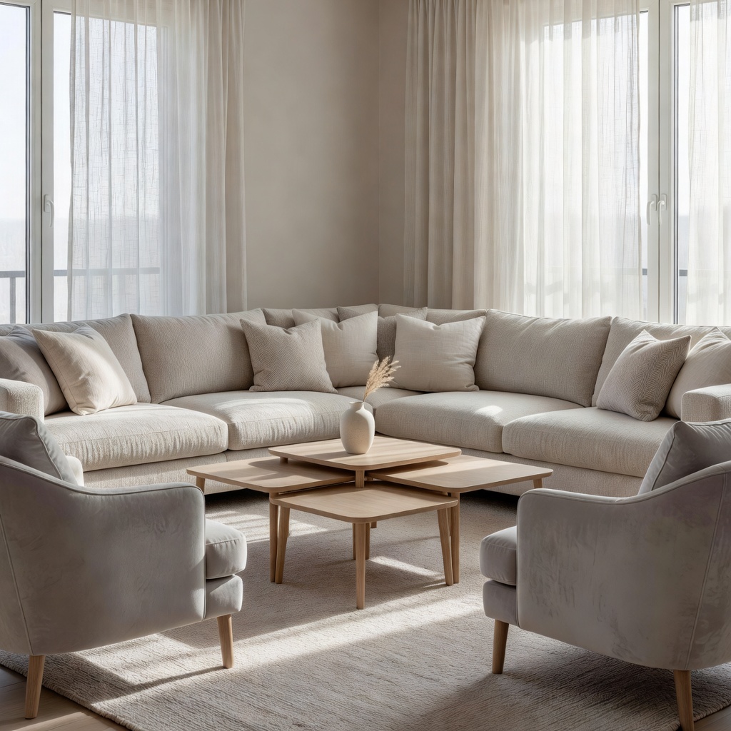 Light-filled living room with neutral upholstered seating, low tables and a softly layered palette.