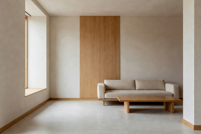 Neutral contemporary interior with pale walls, warm timber details and clean architectural lines.